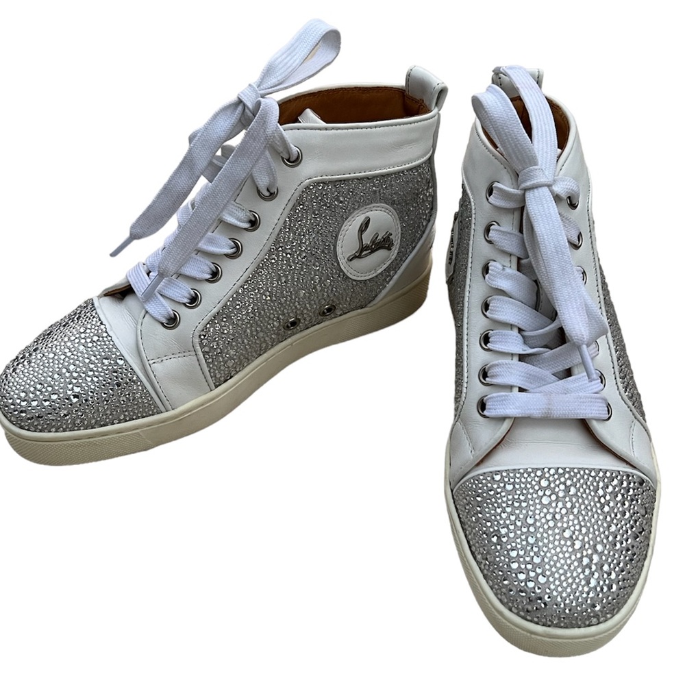 Christian Louboutin crystal Diamanté white high top lace sneaker flat red sole